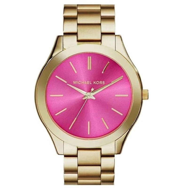Men's Oval Case Style Dress Watches-Michael Kors MK3264 Ladies Slim Runway Gold Pink Watch