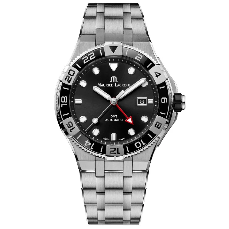 Men's Swiss Wedding Edition-Maurice Lacroix Men's Black Aikon Venturer GMT Stainless Steel Watch AI6158-SS002-330-1
