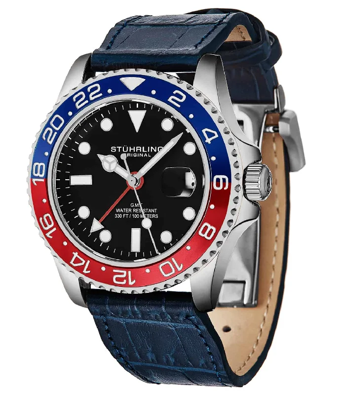 Black Dial / Red and Blue Bezel / Silver Case / Blue Leather Band / Deployant Buckle
