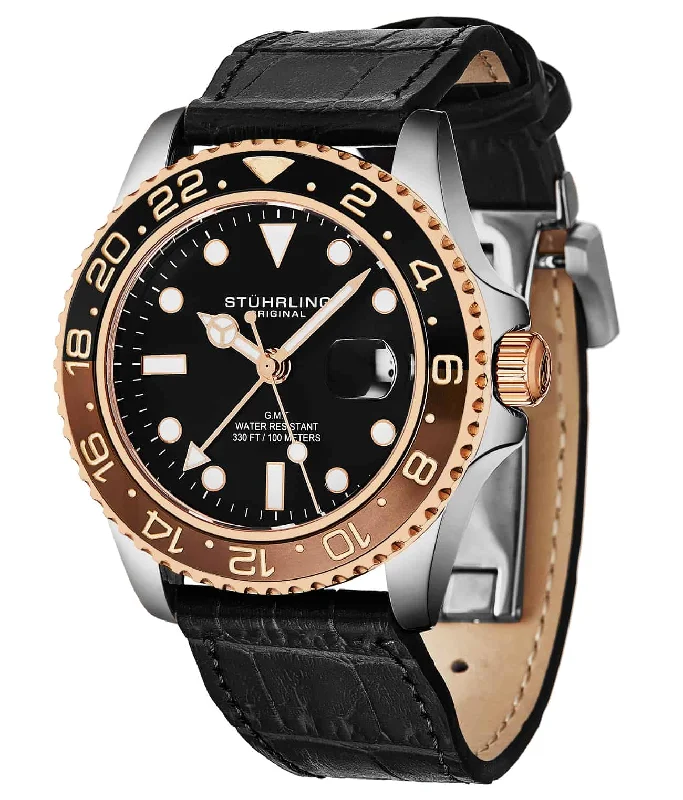 Black Dial / Silver Case / Rose Bezel / Black Leather Band / Deployant Buckle