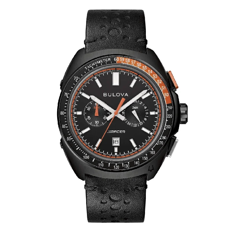 Men's Date Night Style Sports Watches-Orologio Bulova Racer 98B428 crono acciaio IP nero pelle