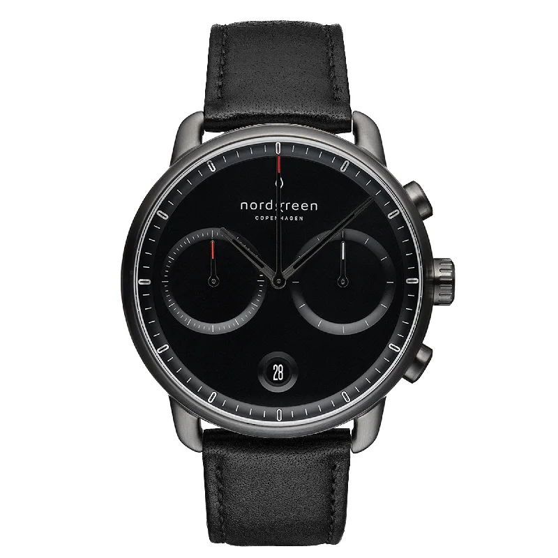 Unisex Christmas Gift Style Watches-Nordgreen Pioneer Black Leather 42mm Gun Metal Case Watch