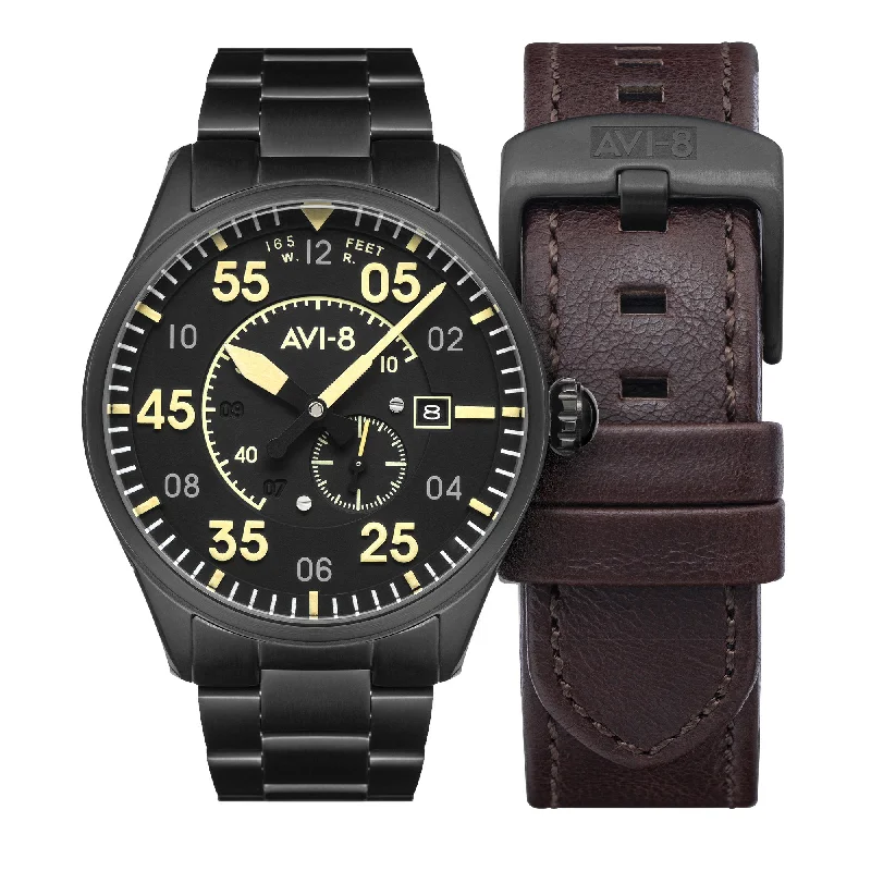 Men's Field Watches Holiday Season Edition-AVI-8 Midnight Chrome Yellow Spitfire Automatic Watch AV-4073-33