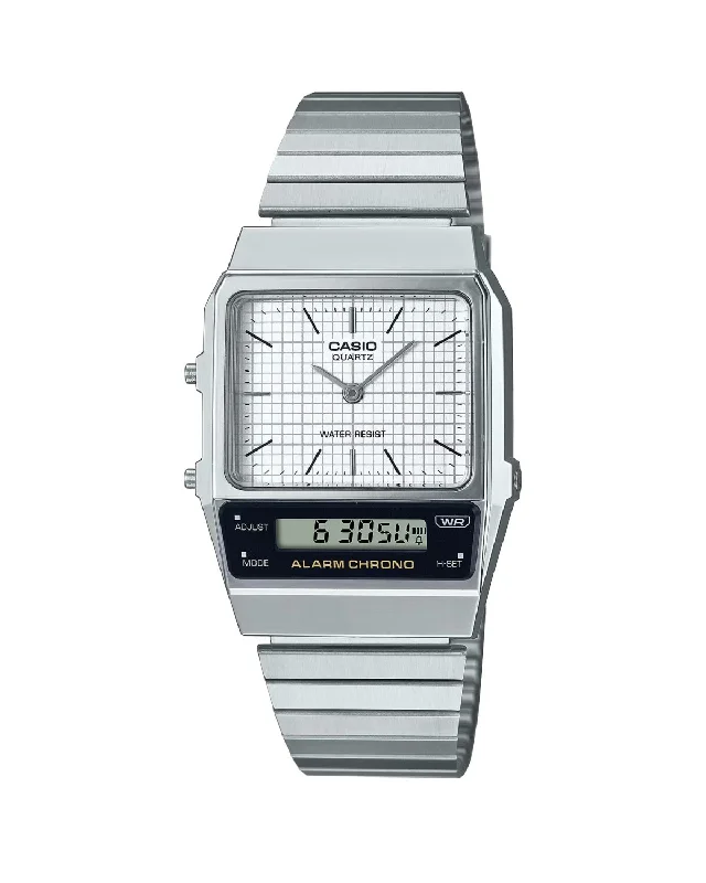 Unisex Extra Large Watches-Casio Watch Vintage White Dual Time Steel Flat Link AQ-800E-7ADF