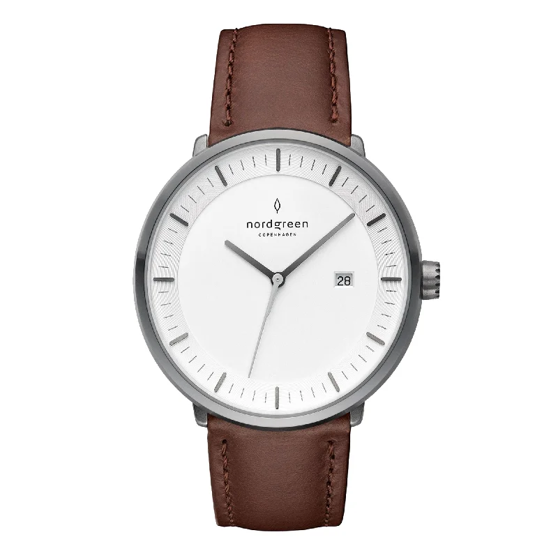 Men's Everyday Wear Design Dress Watches-Nordgreen Philosopher Dark Brown Leather 40mm Gun Metal Case Watch