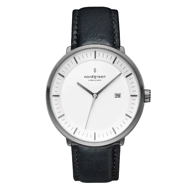 Men's Limited Edition Dress Watches-Nordgreen Philosopher Black Leather 40mm Gun Metal Case Watch