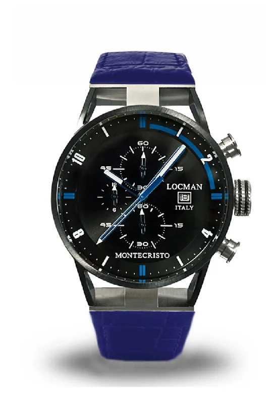 Men's Engraved Style Sports Watches-Locman Montecristo Chrono acciaio PVD nero pelle blu 0510KNBKFBL0PSB
