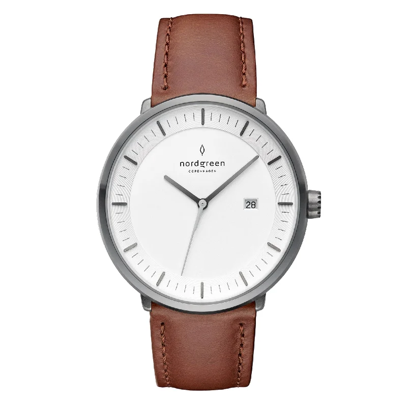 Unisex Date Night Style Watches-Nordgreen Philosopher Brown Leather 36mm Gun Metal Case Watch Unisex Date Night Style Watches-Nordgreen Philosopher Brown Leather 36mm Gun Metal Case Watch