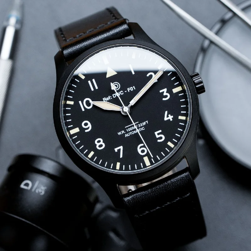 Men's Field Watches Thin Case Edition-DIY Watchmaking Kit | 40mm PVD Black Pilot Watch - Vintage Lume + Black Leather Strap | F01 Lite