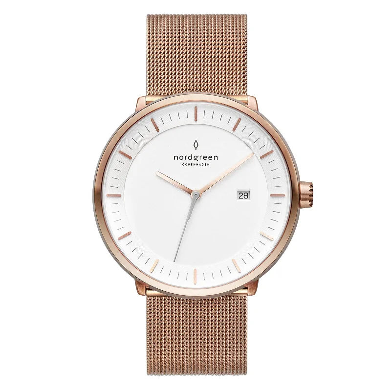Unisex European Made Watches-Nordgreen Philosopher Rose Gold Mesh 36mm Gun Metal Case Watch