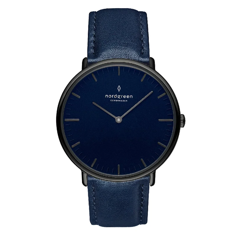 Men's Kinetic Design Dress Watches-Nordgreen Pioneer Navy Leather 42mm Gun Metal Case Watch