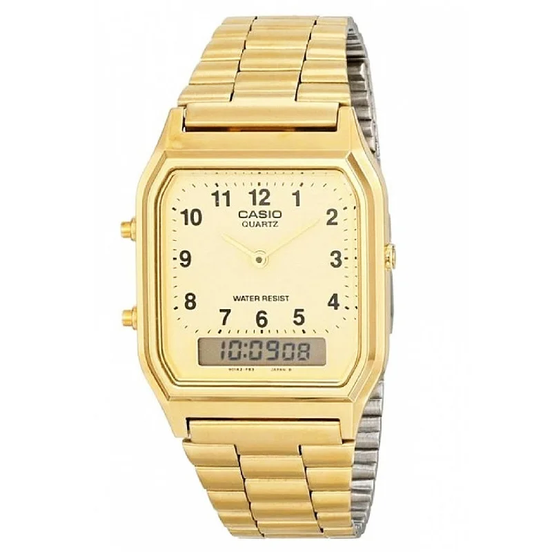Unisex Round Case Style Watches-Casio Watch Vintage Retro Dual Time Roman Gold AQ-230GA-9BMQ