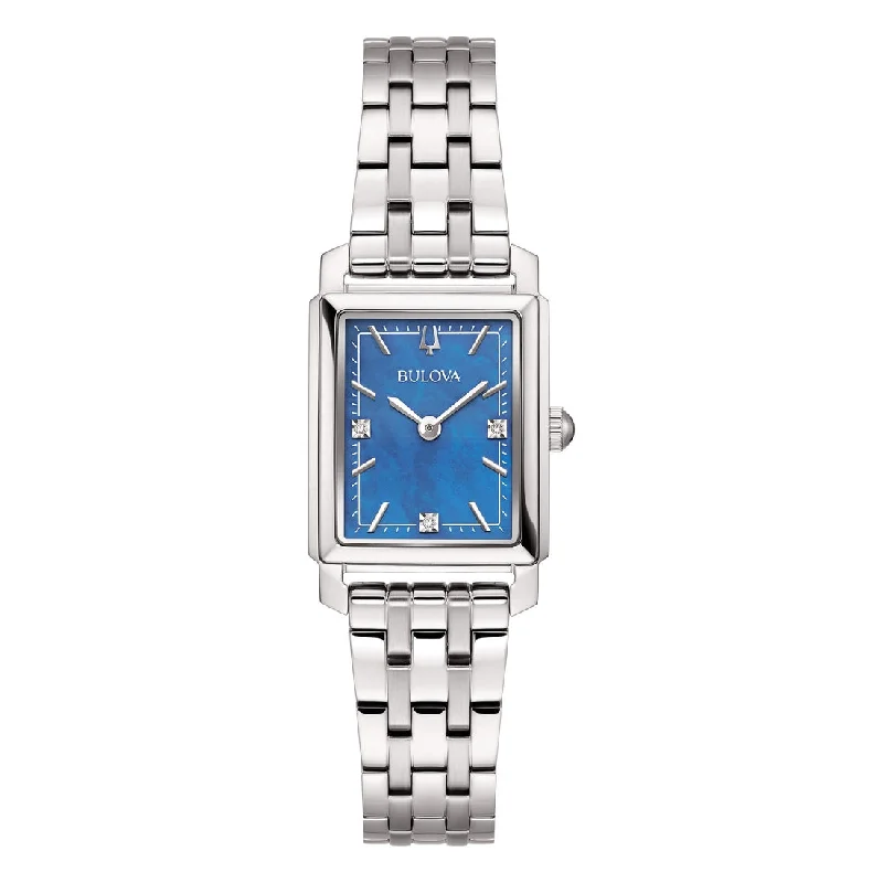 Women's Round Case Style Mechanical Watches-Orologio Bulova 96P245 donna Sutton Tank blu e diamanti