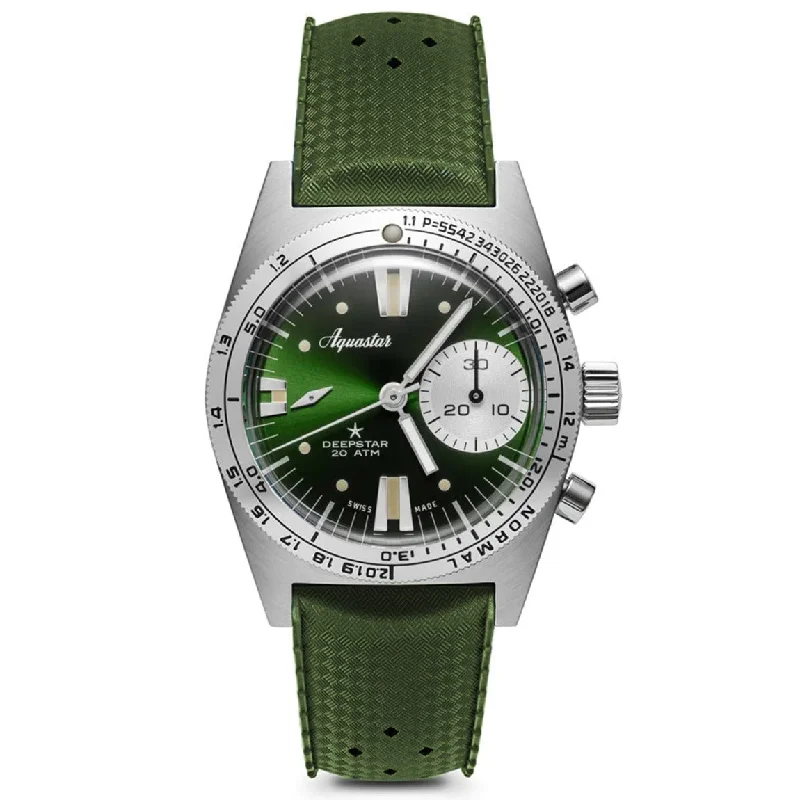 Men's Chronograph Watches with GMT Function -Aquastar Deepstar 39mm Chronograph Greenwich Dial Tropic Strap
