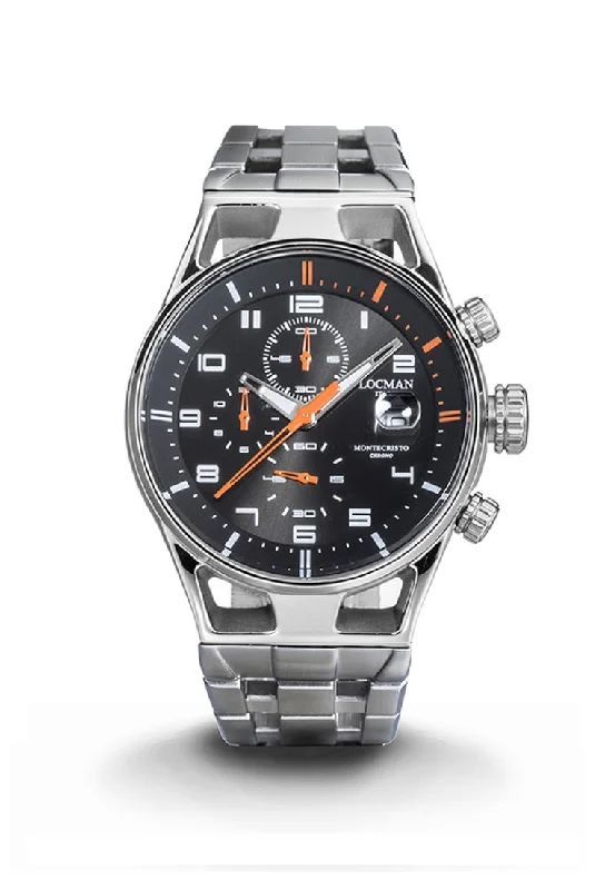 Men's French Made Style Sports Watches-Locman Montecristo Chrono 41mm nero e arancio acciaio 0542A01S-00BKORB0
