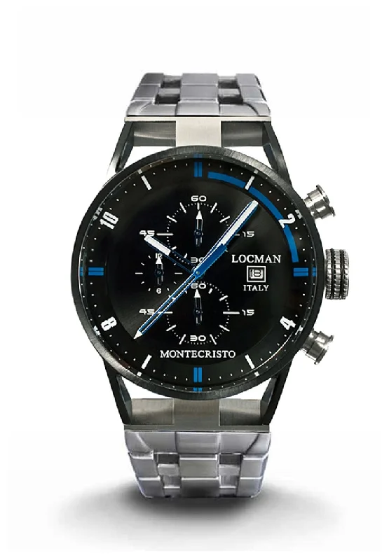 Men's Smart Design Sports Watches-Locman Montecristo Chrono nero e blu acciaio PVD 0510KNBKFBL0BR0