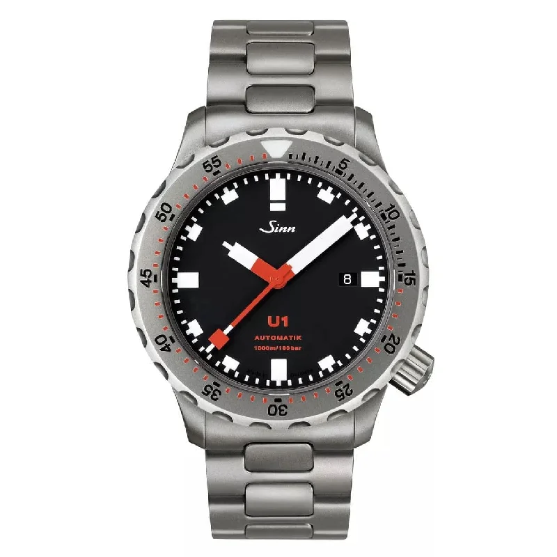 Men's Dive Watches with Enhanced Water Resistance -Sinn U1 Automatic Divers Watch - Black Dial - Solid Bracelet