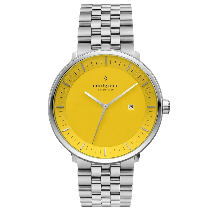 Unisex Office Wear Design Watches-Nordgreen Philosopher 5-Link Strap 36mm Bright Yellow Watch Unisex Office Wear Design Watches-Nordgreen Philosopher 5-Link Strap 36mm Bright Yellow Watch