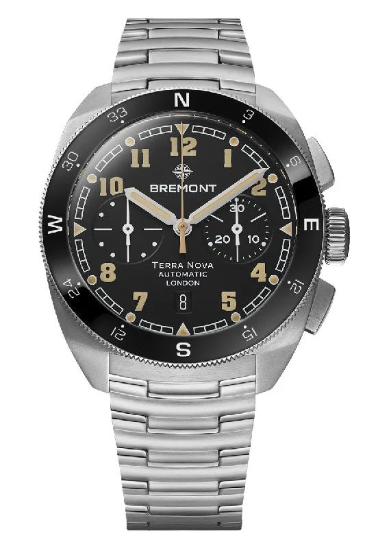 Men's Digital Dress Watches-Bremont Terra Nova 42.5mm Chronograph TN42-CHR-SS-BK-B