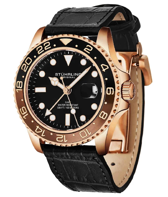 Black Dial / Rose Case / Rose Bezel / Black Leather Band / Deployant Buckle