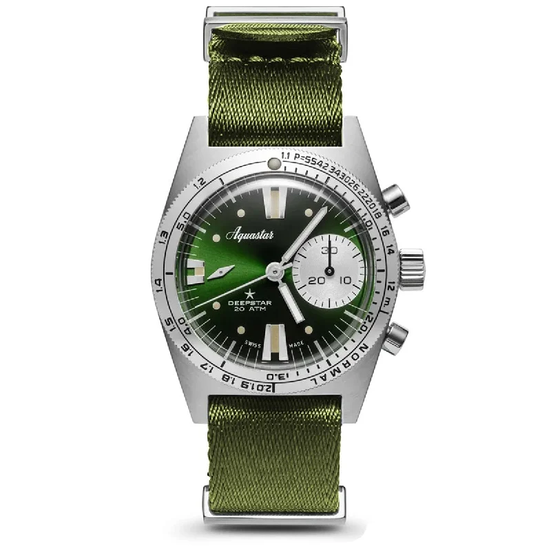 Classic Men's Chronograph Watches -Aquastar Deepstar 39mm Chronograph Greenwich Dial Nylon Strap