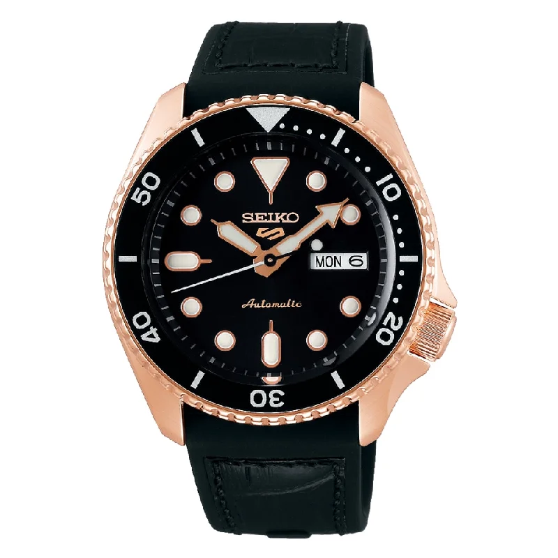 Men's Seasonal Style Men's Sports Watches-Orologio Seiko 5Sports SRPD76K1 dorato rosa quadrante nero