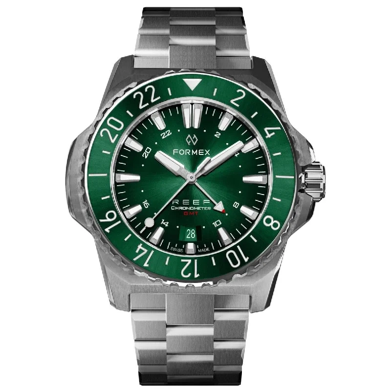 Men's Dive Watches for Regular Water Sports -FORMEX REEF GMT - Green Dial - Stainless Steel Bracelet
