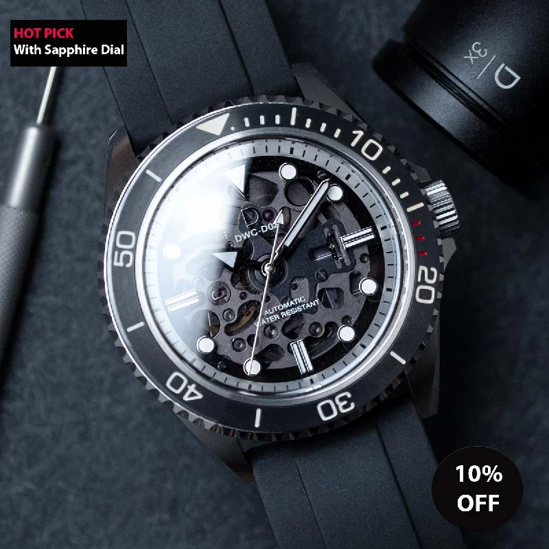 Men's Skeletonized Watch for Sale -DIY Watchmaking Kit | 42mm NH70 Dive Watch With Sapphire Dial | DWC-D02S