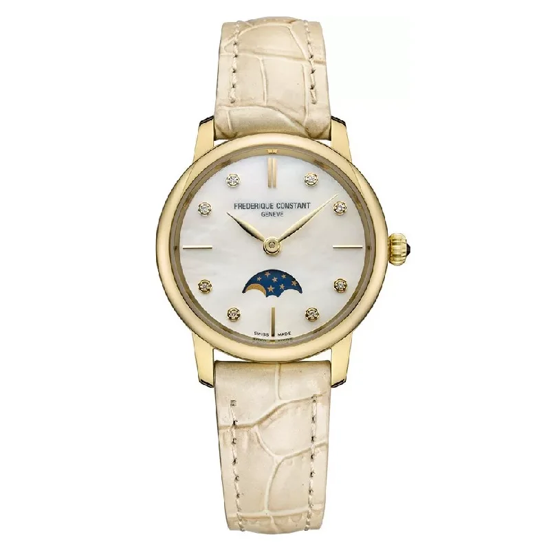 Men's Swiss Watch New Year's Eve Edition-Frederique Constant Watch Slimline Moon Phase Diamond Beige Leather FC-206MPWD1S5