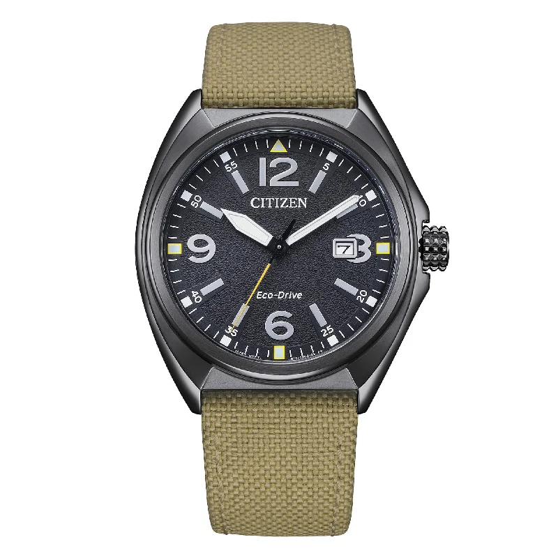 Men's Romantic Dinner Style Men's Sports Watches-Orologio Citizen Military acciaio nero cinturino in tessuto beige AW1575-08E