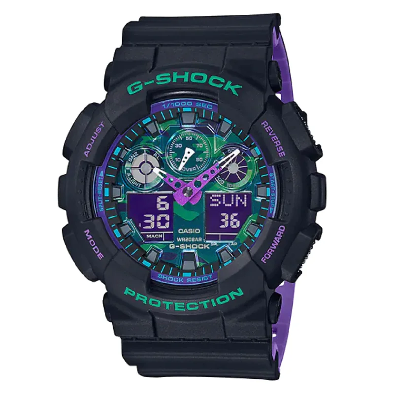 Men's Medium Size Digital Watches-Casio G-Shock Watch Men's 90's Retro Green/Purple GA-100BL-1ADR