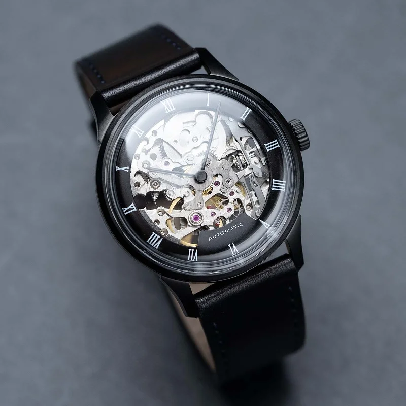 Men's Automatic Skeleton Watches -DIY Watchmaking Kit | 35mm Black Mosel series - Brunette Dial Skeleton dress watch w/ Miyota 8N24