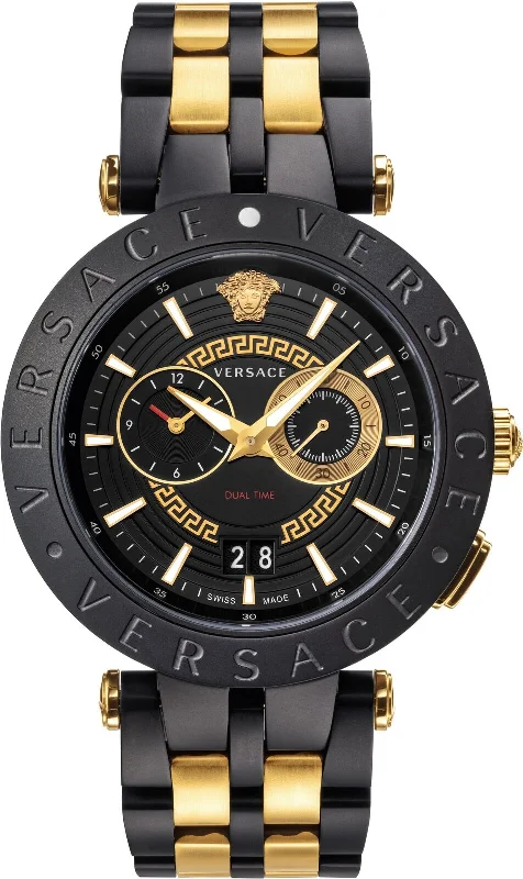 Men's Swiss Watch Birthday Edition-Versace Men's Watch V-Race 46mm Black Gold Two-Tone Bracelet VEBV00619