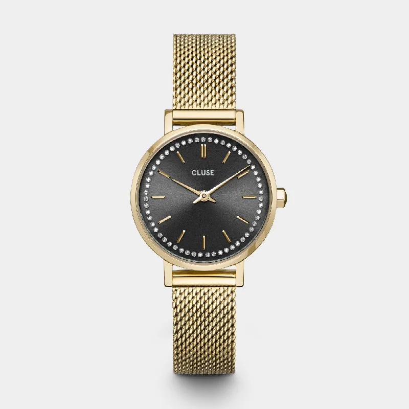 Women's Party Wear Style Mechanical Watches-Boho Chic Petite Watch Mesh Crystals, Grey, Gold Colour