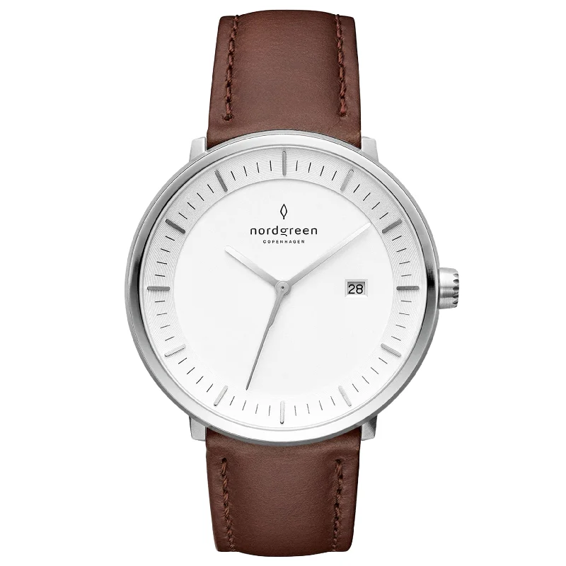 Men's Silver Dress Watches-Nordgreen Philosopher Dark Brown Leather 36mm Silver Case Watch