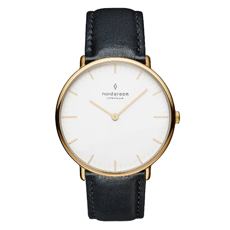 Unisex French Made Watches-Nordgreen Native Black Leather 32mm Gold Case Watch