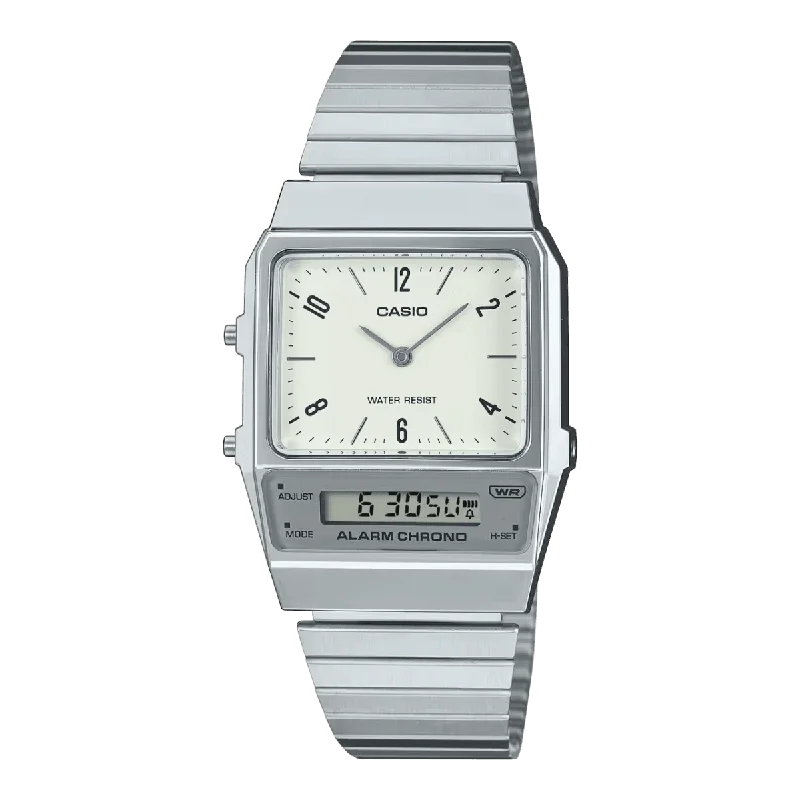 Unisex Unique Shape Watches-Casio Watch Vintage White Grey Dual Time Steel Flat Link AQ-800E-7A2DF Unisex Unique Shape Watches-Casio Watch Vintage White Grey Dual Time Steel Flat Link AQ-800E-7A2DF