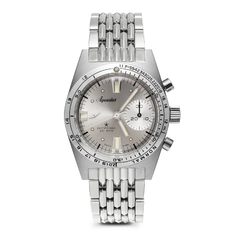 Men's Chronograph Watches with Camo Design -Aquastar Deepstar 39mm Chronograph Silverline Dial BOR Bracelet