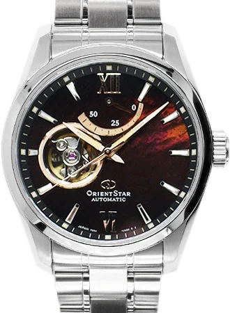 Men's Designer Dress Watches-Contemporary Semi Skeleton Mother Of Pearl Burgundy Ref. RK-AT0010A