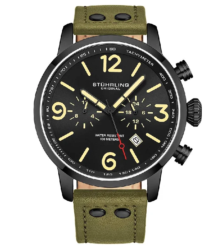 Black Dial/Black Case/Green Leather Strap