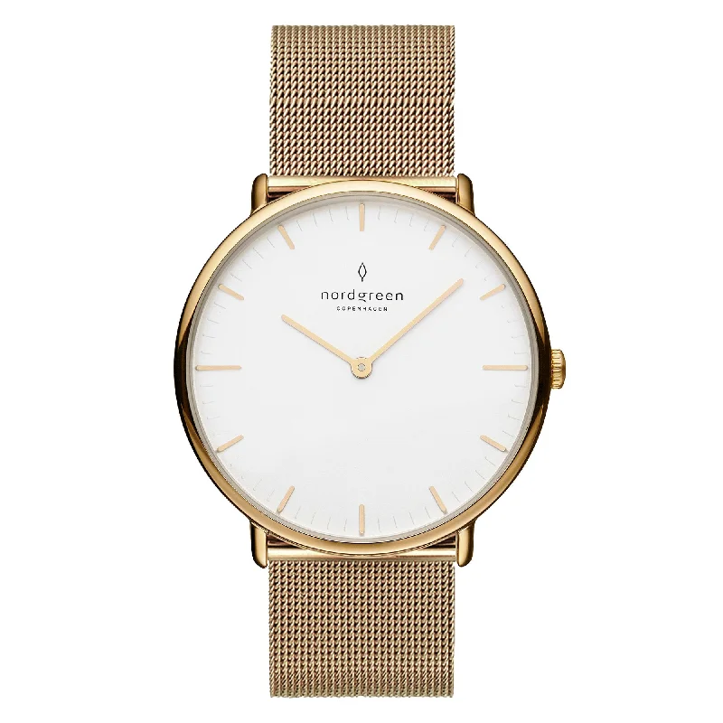Unisex Automatic Wind Watches-Nordgreen Native Gold Mesh 36mm Gold Case Watch
