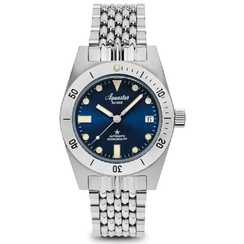 Men's Dive Watches with Adjustable Digital Timekeeping -Aquastar Model 60 Blue Dial BoR Bracelet