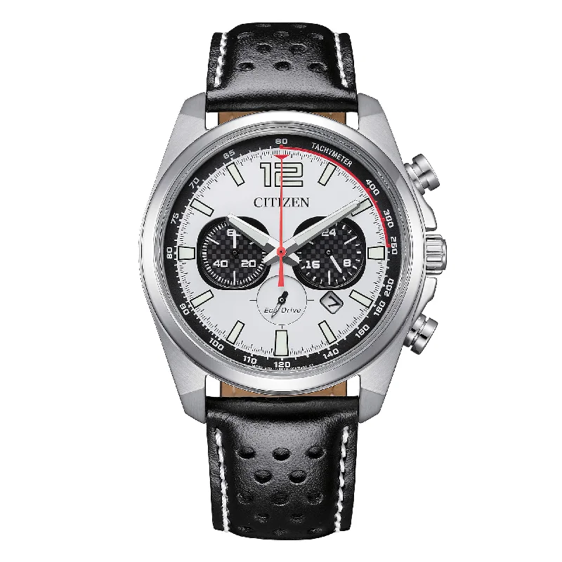 Men's Luxury Style Men's Sports Watches-Orologio Citizen Racing quadrante bianco cinturino in pelle nero CA4640-09A