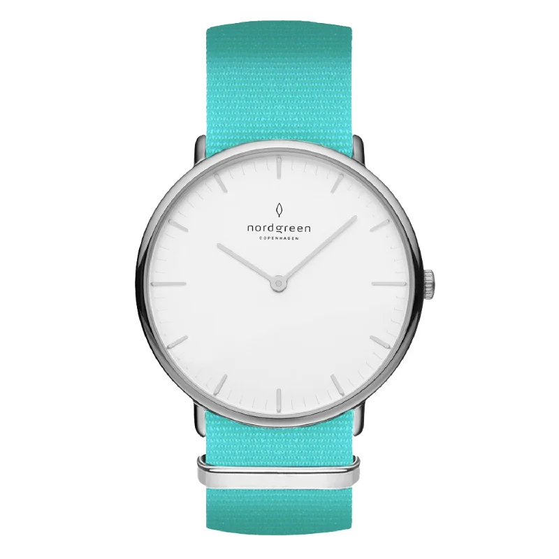 Unisex Automatic Wind Watches-Nordgreen Native Turquoise Nylon Strap 36mm Silver Watch