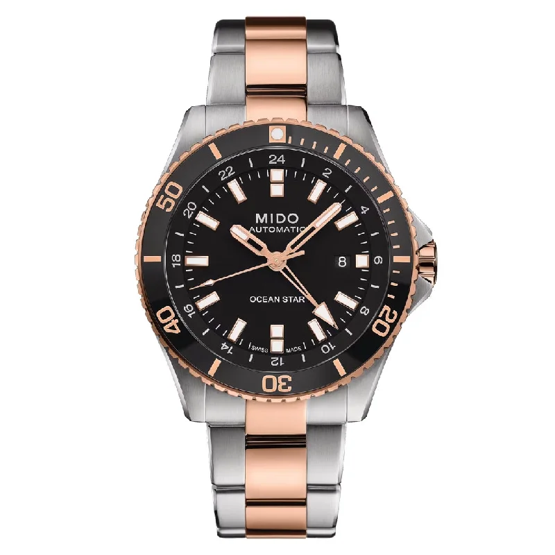 Men's Office Wear Style Sports Watches-Orologio Mido Ocean Star GMT nero acciaio bicolore