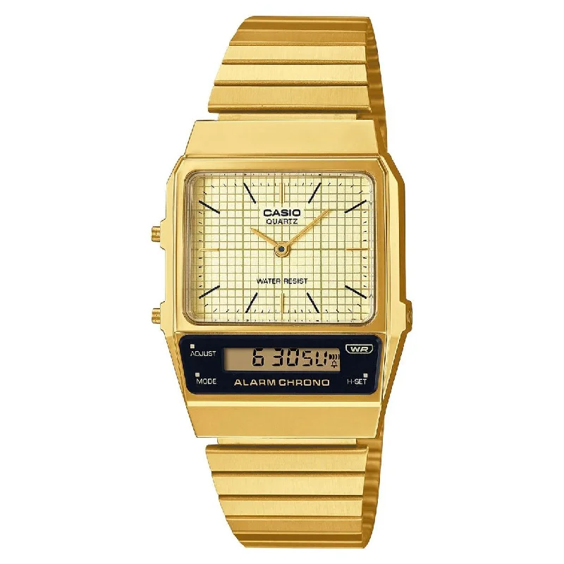 Unisex Round Case Watches-Casio Watch Vintage Dual Time Gold Steel Flat Link AQ-800EG-9ADF