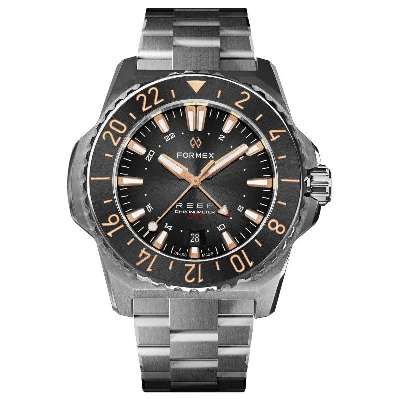 Men's Dive Watches with Deep Sea Rating -FORMEX REEF GMT - Black Dial with Rose Gold Elements - Stainless Steel Bracelet