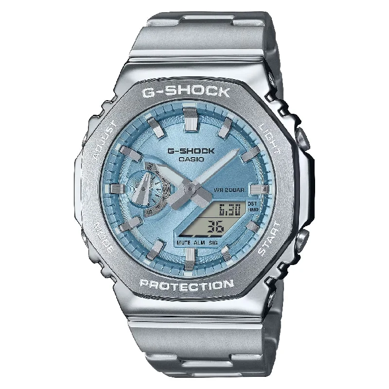 Men's Thin Case Design Sports Watches-Orologio G-Shock acciaio GM-2110D-2AER quadrante azzurro