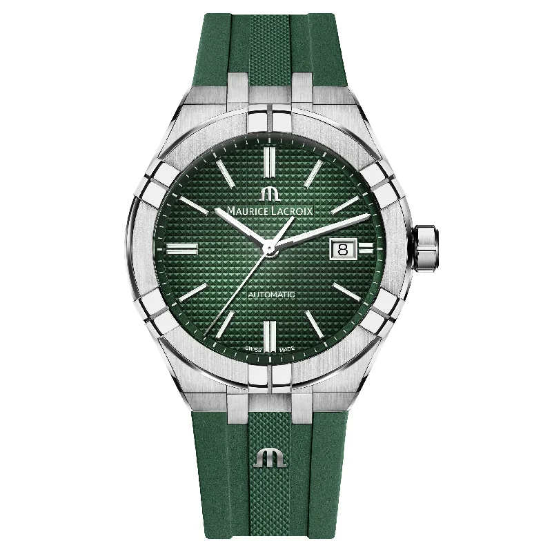 Men's Mechanical Swiss Watches-Maurice Lacroix Men's Green Aikon Automatic Rubber Watch AI6008-SS000-630-5 Men's Mechanical Swiss Watches-Maurice Lacroix Men's Green Aikon Automatic Rubber Watch AI6008-SS000-630-5