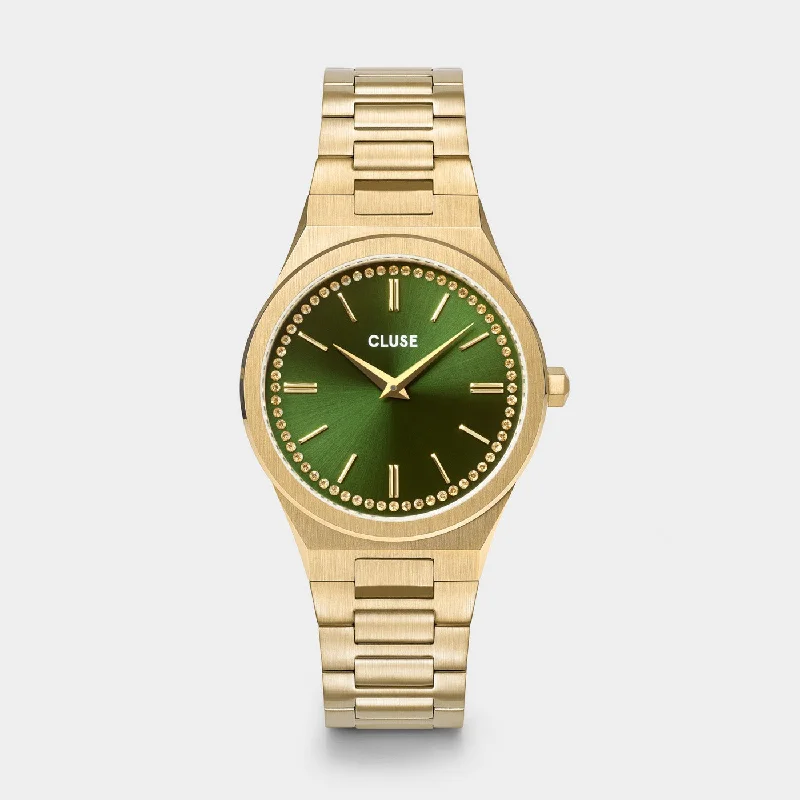 Women's Mechanical Watch Swiss Made Edition-Vigoureux Watch Steel, Green Stones, Gold Colour